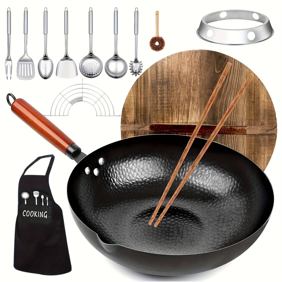 Meal Prep With Rice - 12,6 Zoll Gusseisen-Wok-Set, antihaftbeschichtete Wokpfanne mit