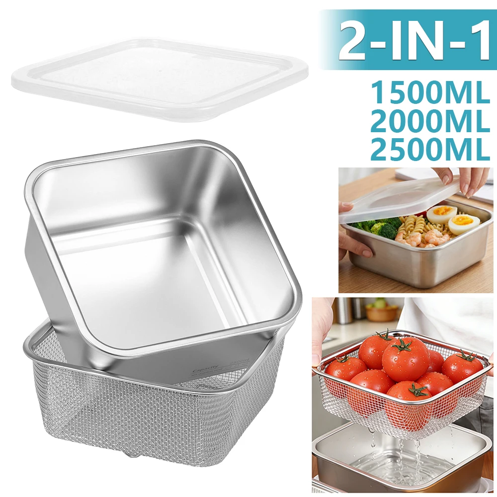 Meal Prep With Rice - 2-in-1 Edelstahl-Obstwaschschüssel Quadratisches Sieb-Set mit Deckel