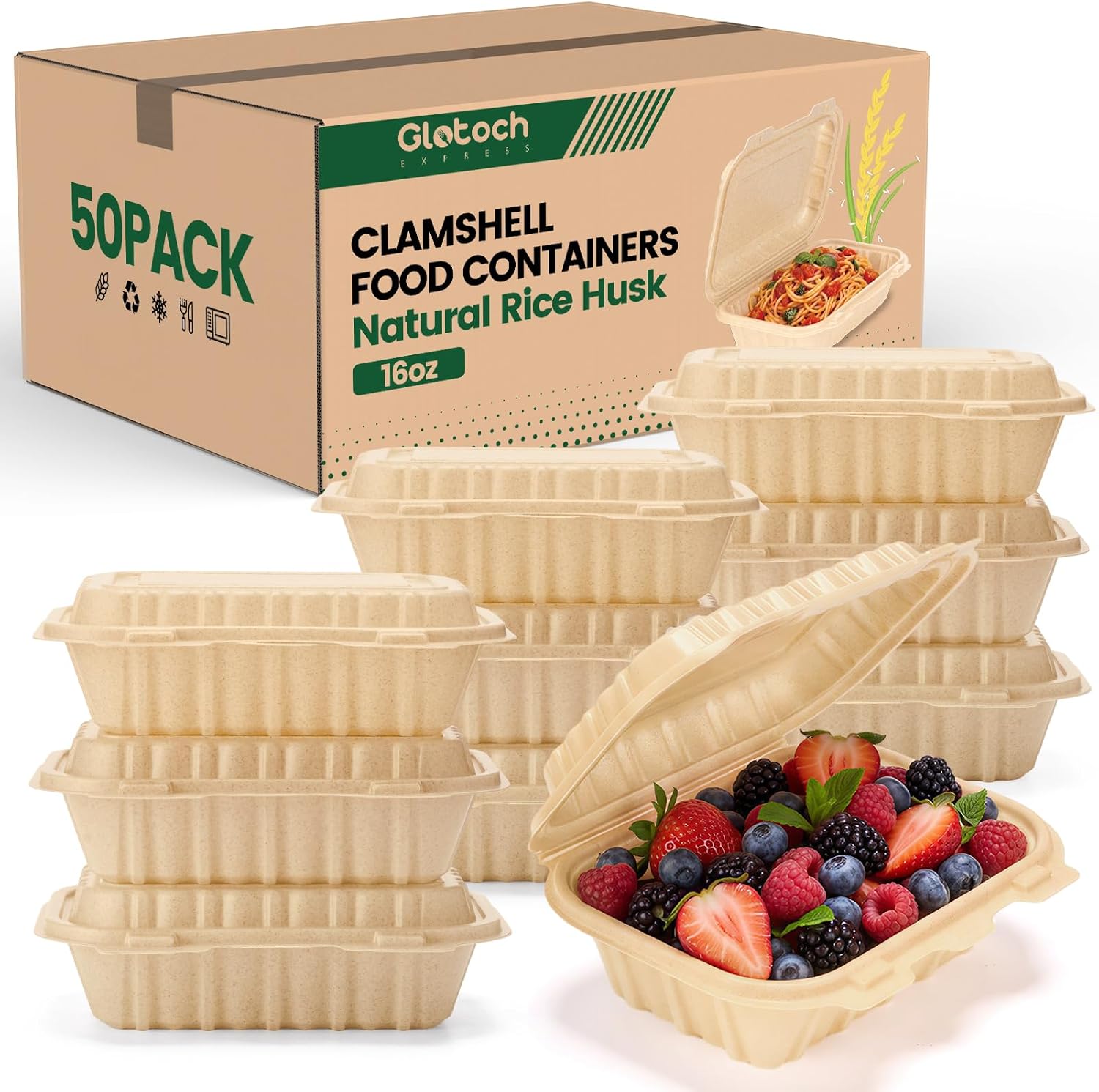 Meal Prep With Rice - 50er-Pack 16oz Clamshell Take-Away-Behälter, Natürliche Reishülsen-Einwegboxen